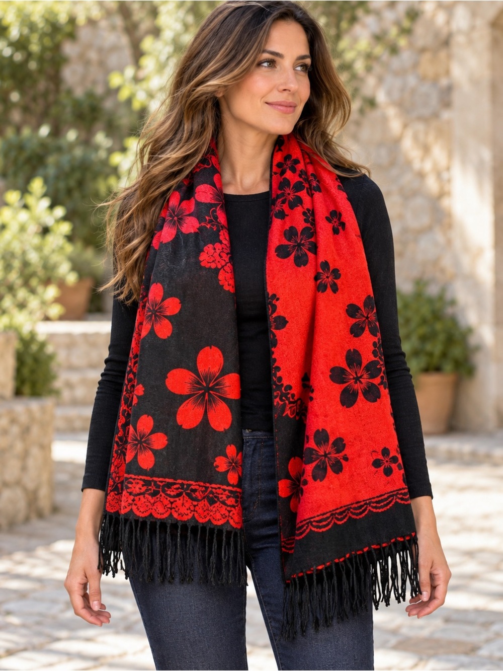 Red Black Floral Reversible Scarf Shawl Wrap Oversized Fringe